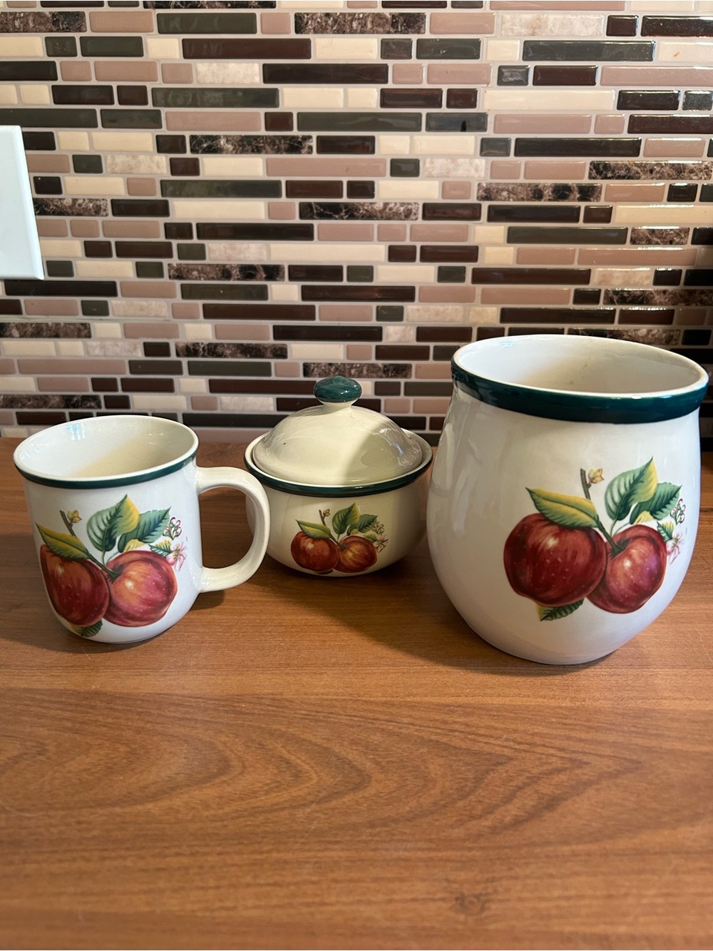 Vintage Apple-Print Kitchen Set - Sugar Bowl Utensil Holder Mug